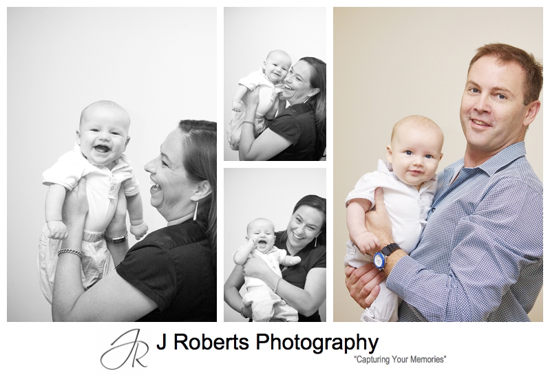 Laughing baby boy with his parents - sydney baby portrait photographer